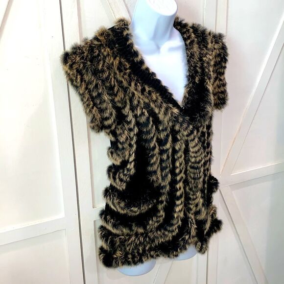 Mushka By Sienna Rose Rabbit Fur Black And Tan Vest Cardigan With Pockets Size S - Picture 7 of 14
